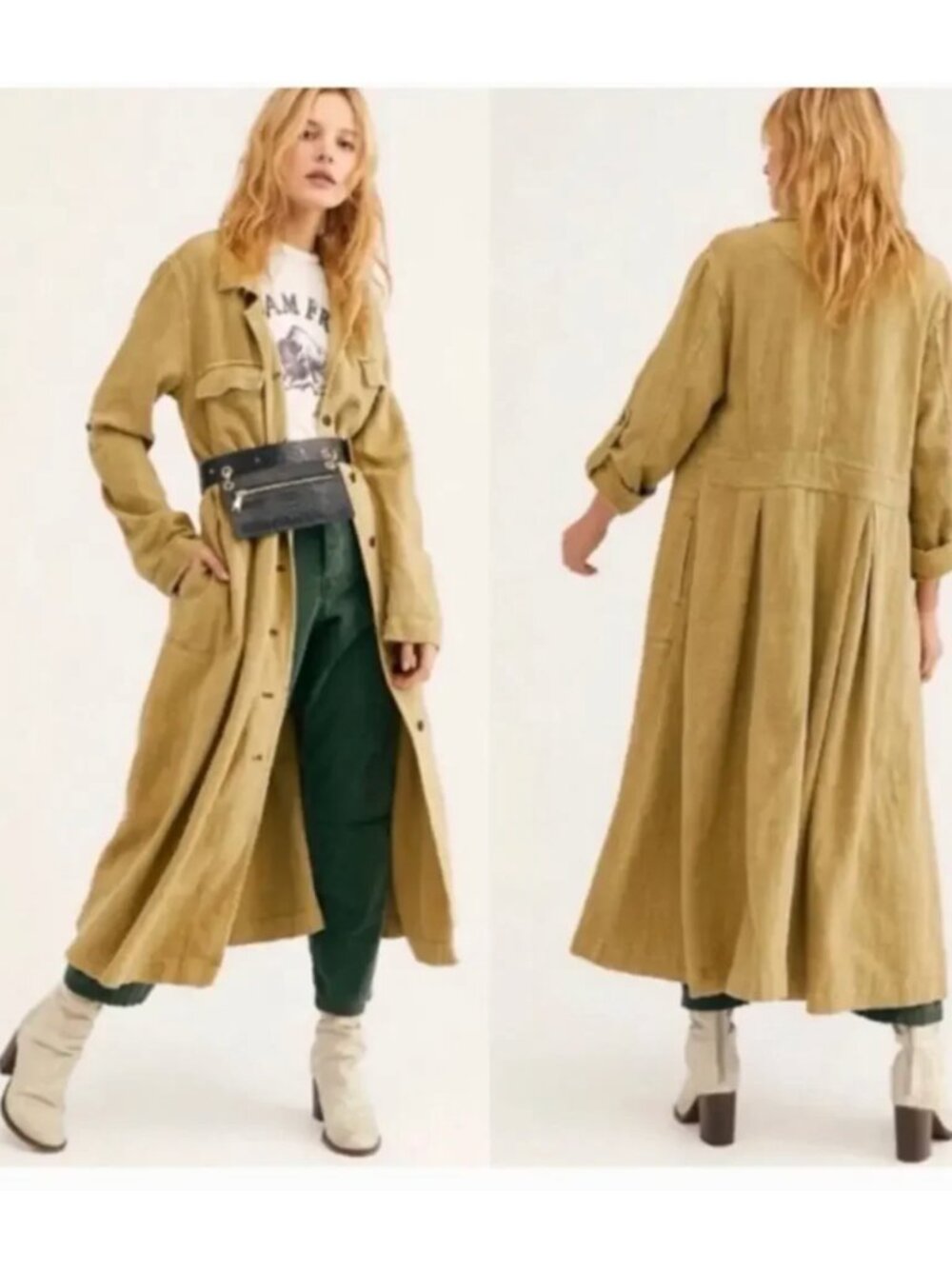 FREE PEOPLE Rainz Duster Moss Green Linen Blend Midi Lagenlook Coat size Large